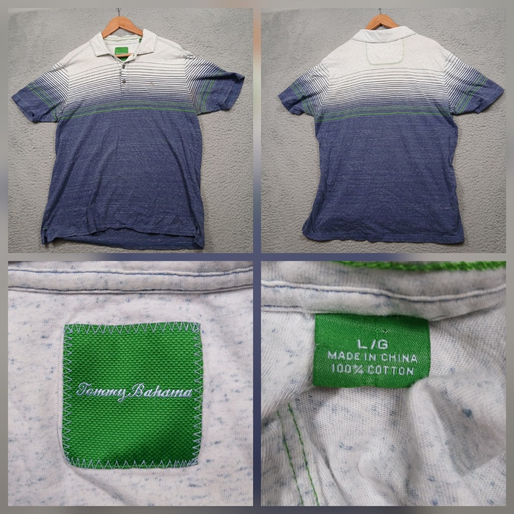 Tommy Bahama Polo Shirt Mens L Blue White Gradient Stripe Cotton Short Sleeve